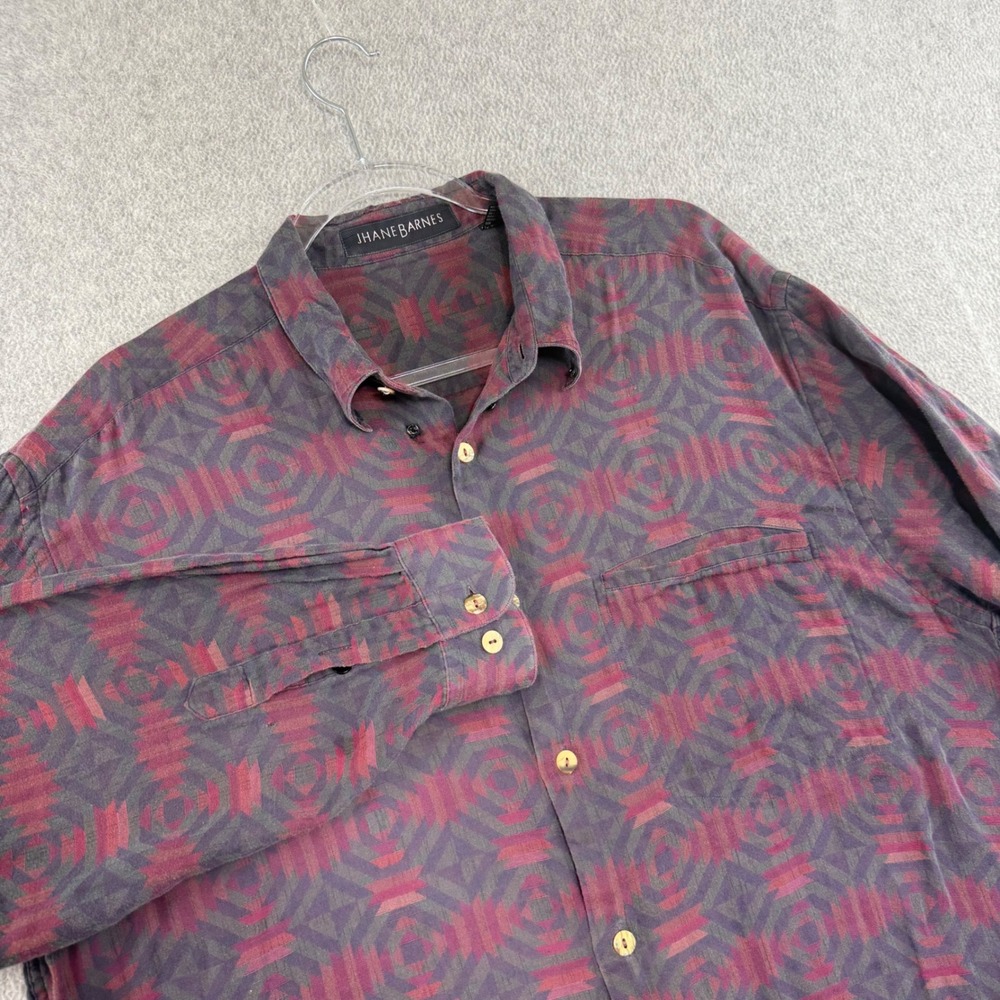 Jhane Barnes Button Up Shirt Mens L Aztec Purple Geometric Tribal Vintage 90s